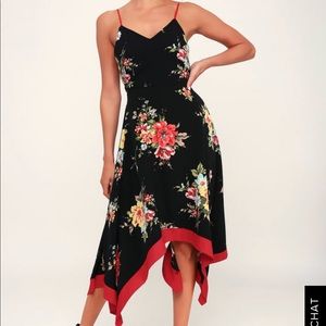 GO FLEUR A TWIRL BLACK FLORAL HANDKERCHIEF MIDI